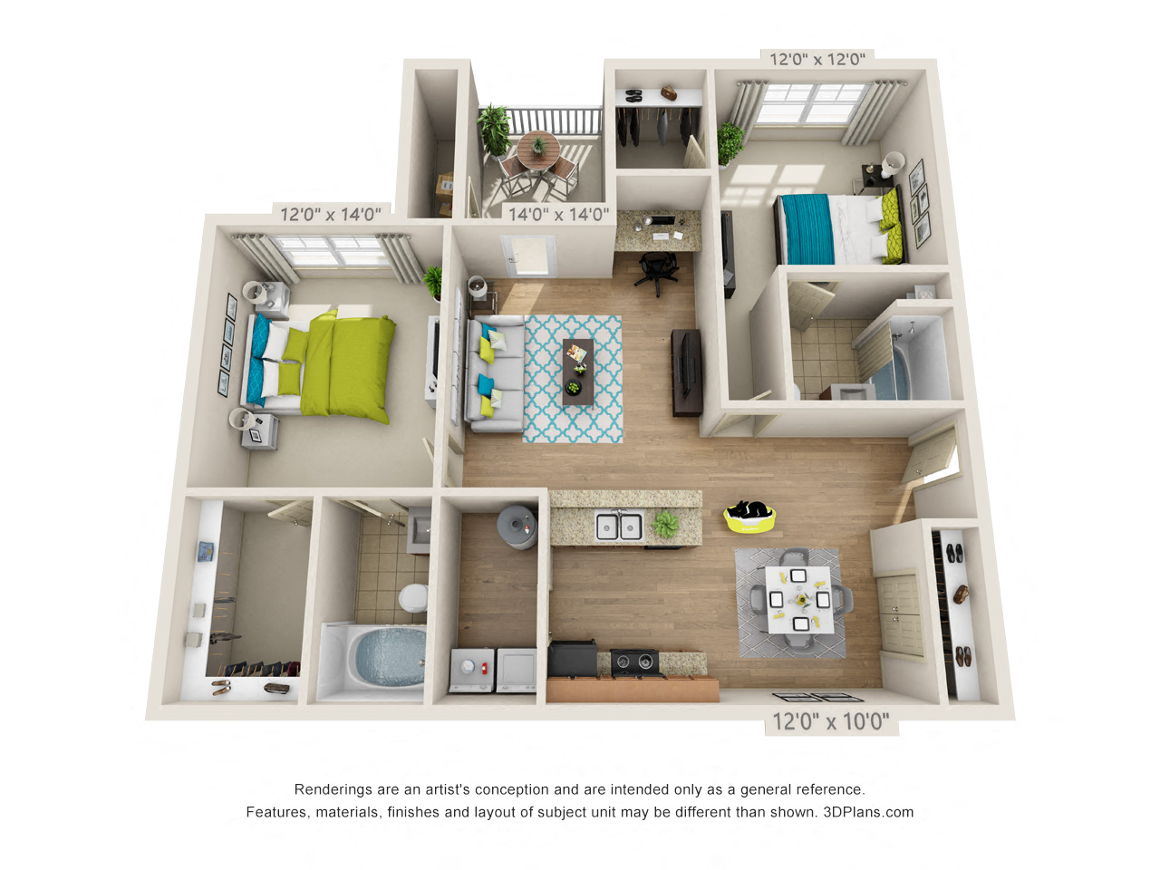 Floor plan for 2 beds, 2 baths, 1150 sqft